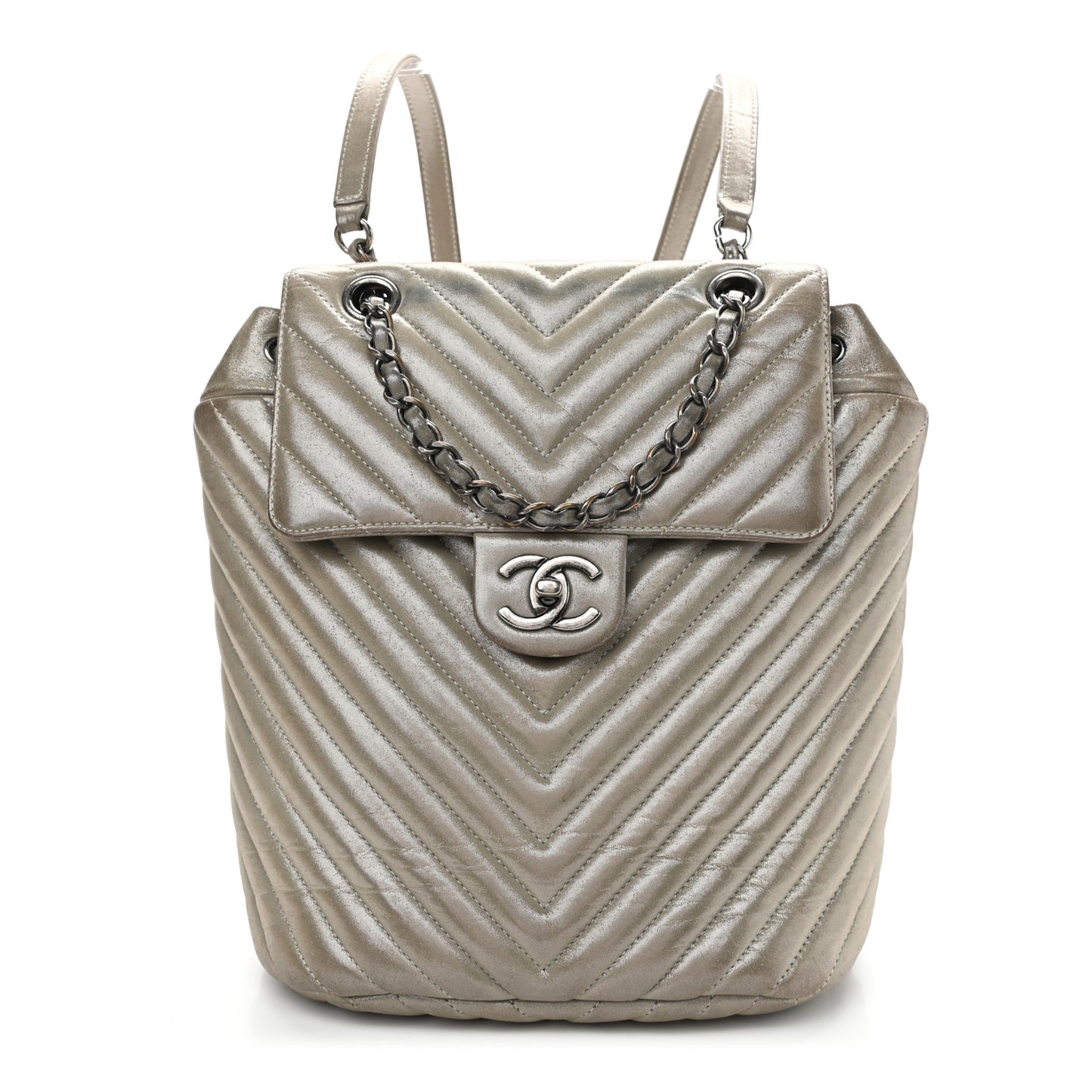 Iridescent Calfskin Chevron Quilted Small Urban Spirit Backpack Silver