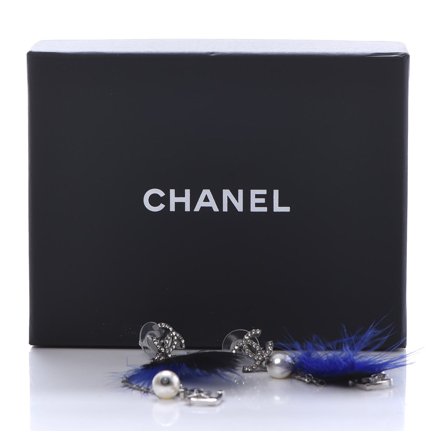 Crystal Chain Feather CC Drop Earrings Blue Brown