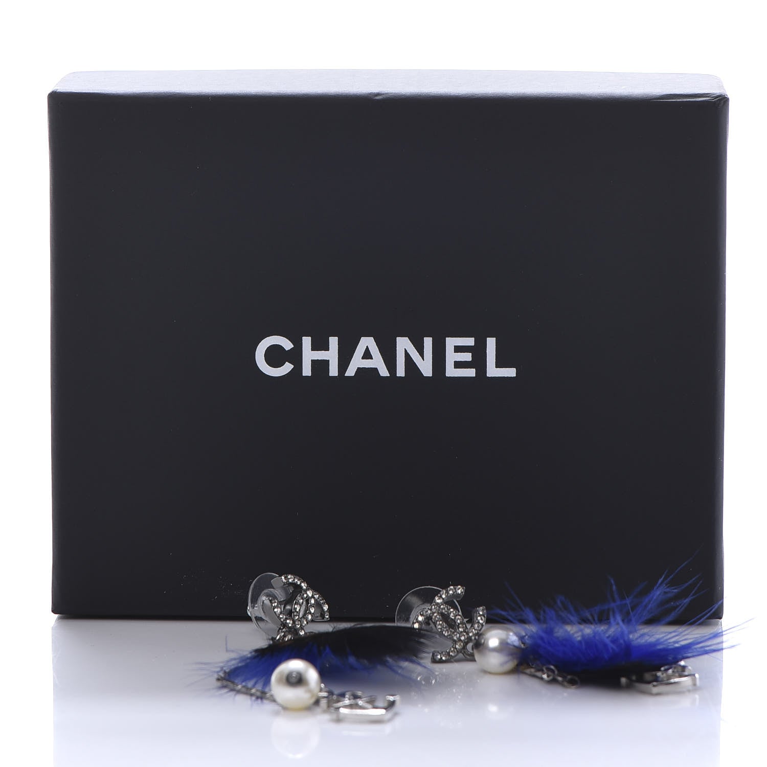 Chanel Crystal Chain Feather CC Drop Earrings Blue Brown 4 of 4
