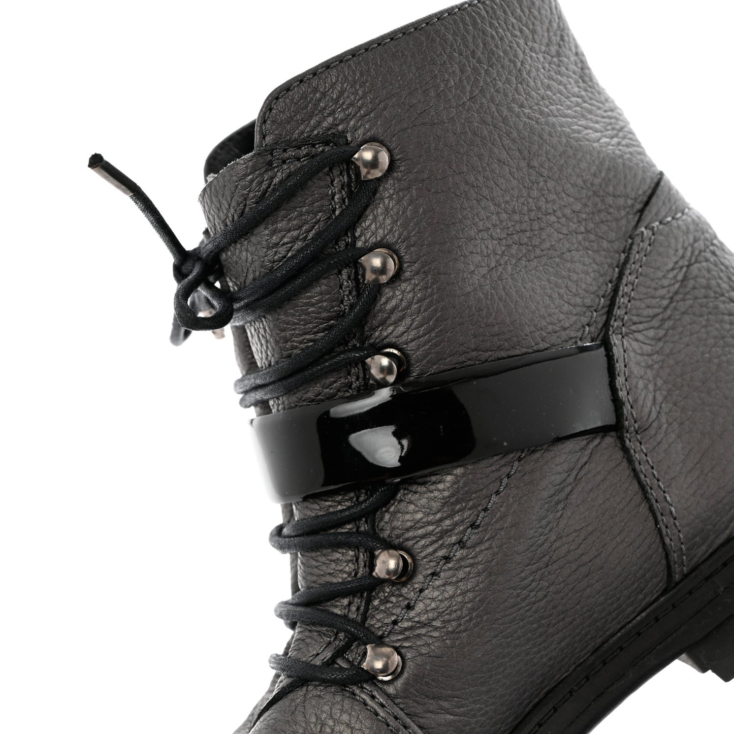 Metallic Grained Calfskin Patent Cap Toe Combat Short Boots 38.5 Dark Silver