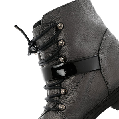 Chanel Metallic Grained Calfskin Patent Cap Toe Combat Short Boots 38.5 Dark Silver 11 of 12