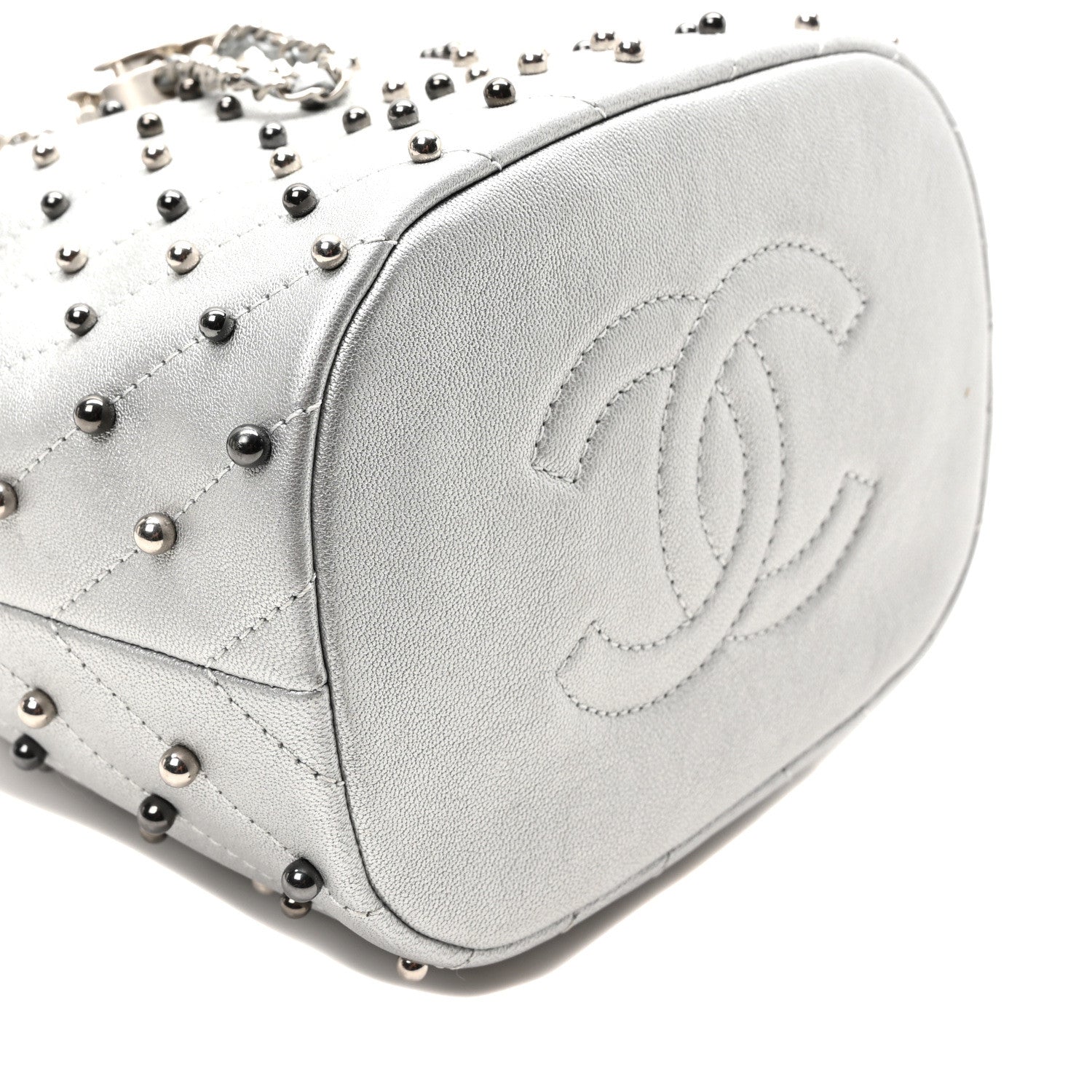 Chanel Metallic Lambskin Studded Chevron Quilted Small Stud Wars Drawstring Bag Silver 9 of 10