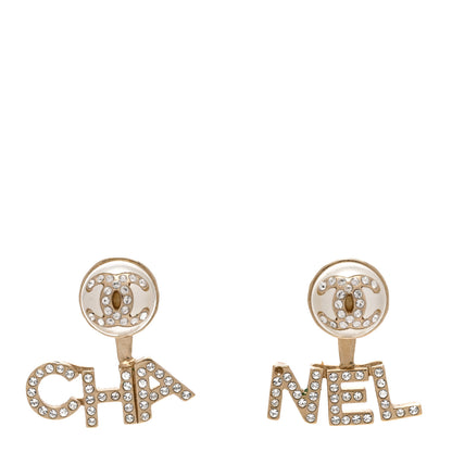Chanel Pearl Crystal Logo Earrings Gold Pearly White 1 of 5