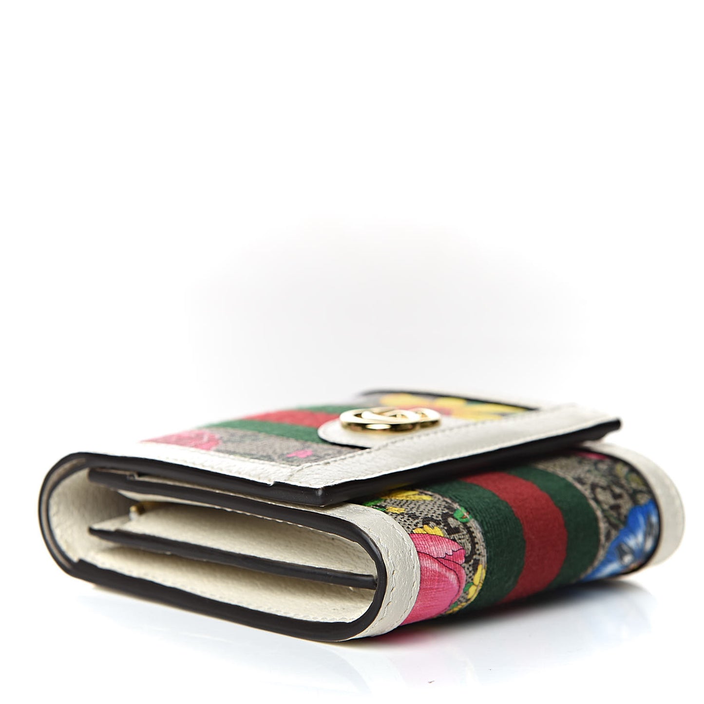 GG Supreme Monogram Flora Textured Calfskin Web Ophidia Card Case Wallet Beige Ebony Multicolor Mystic White