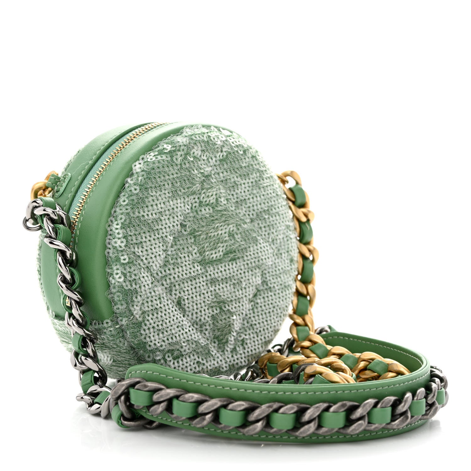 Chanel Sequin Chanel 19 Round Clutch With Chain Green Green 3 of 11