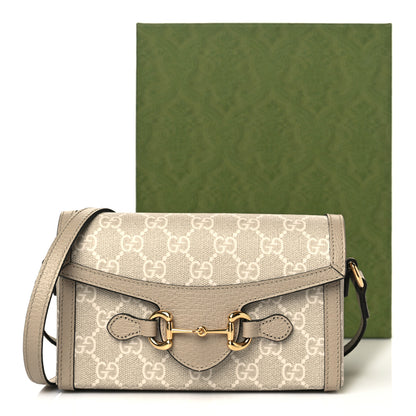 Gucci GG Supreme Monogram Textured Dollar Calfskin Mini Horsebit 1955 Shoulder Bag Beige Mystic White Oatmeal 10 of 10