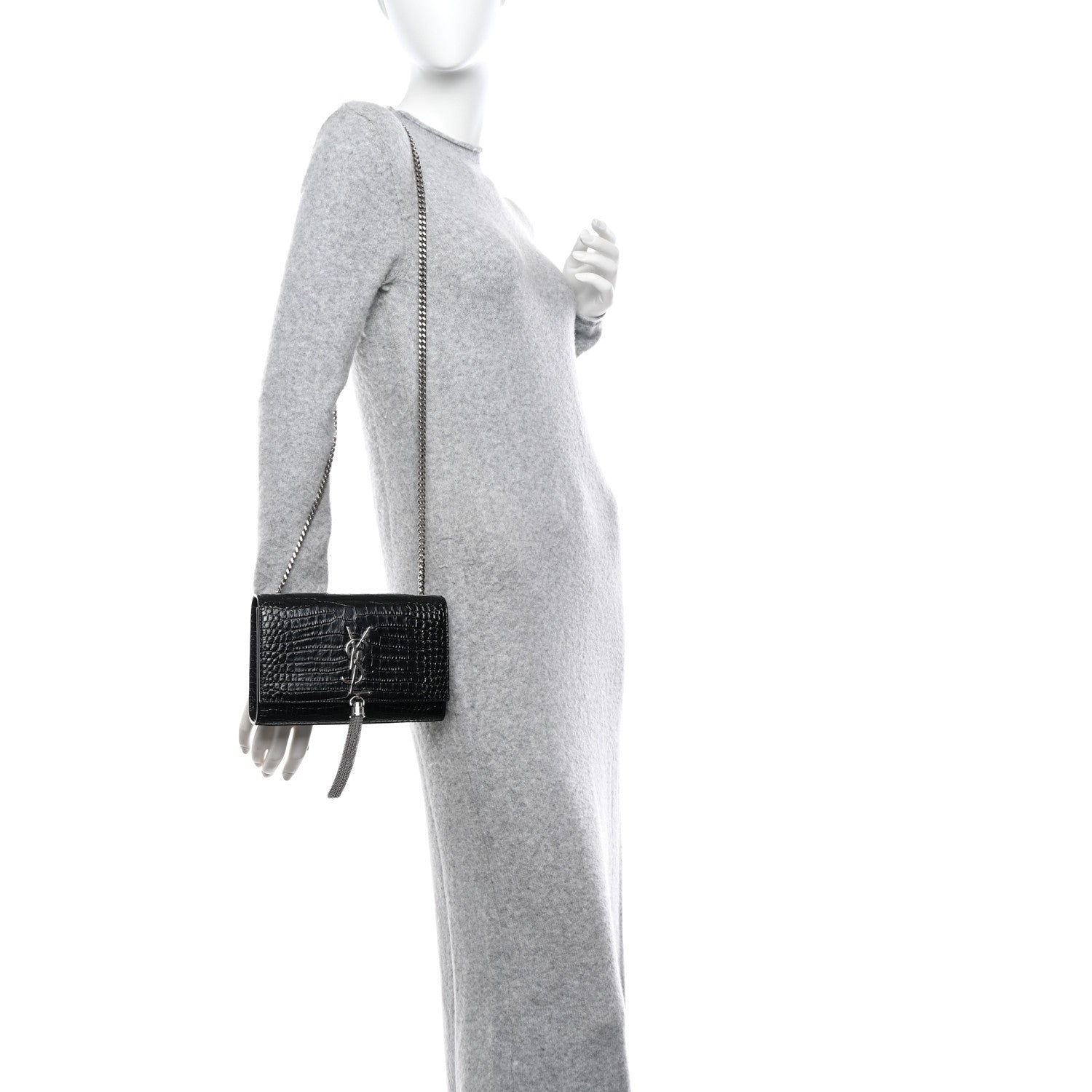 Saint Laurent Calfskin Crocodile Embossed Small Classic Monogram Kate Tassel Satchel Black 2 of 10