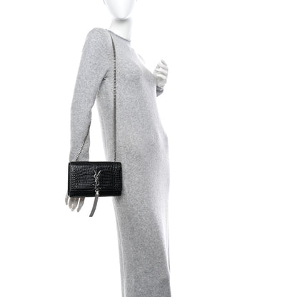Saint Laurent Calfskin Crocodile Embossed Small Classic Monogram Kate Tassel Satchel Black 2 of 10
