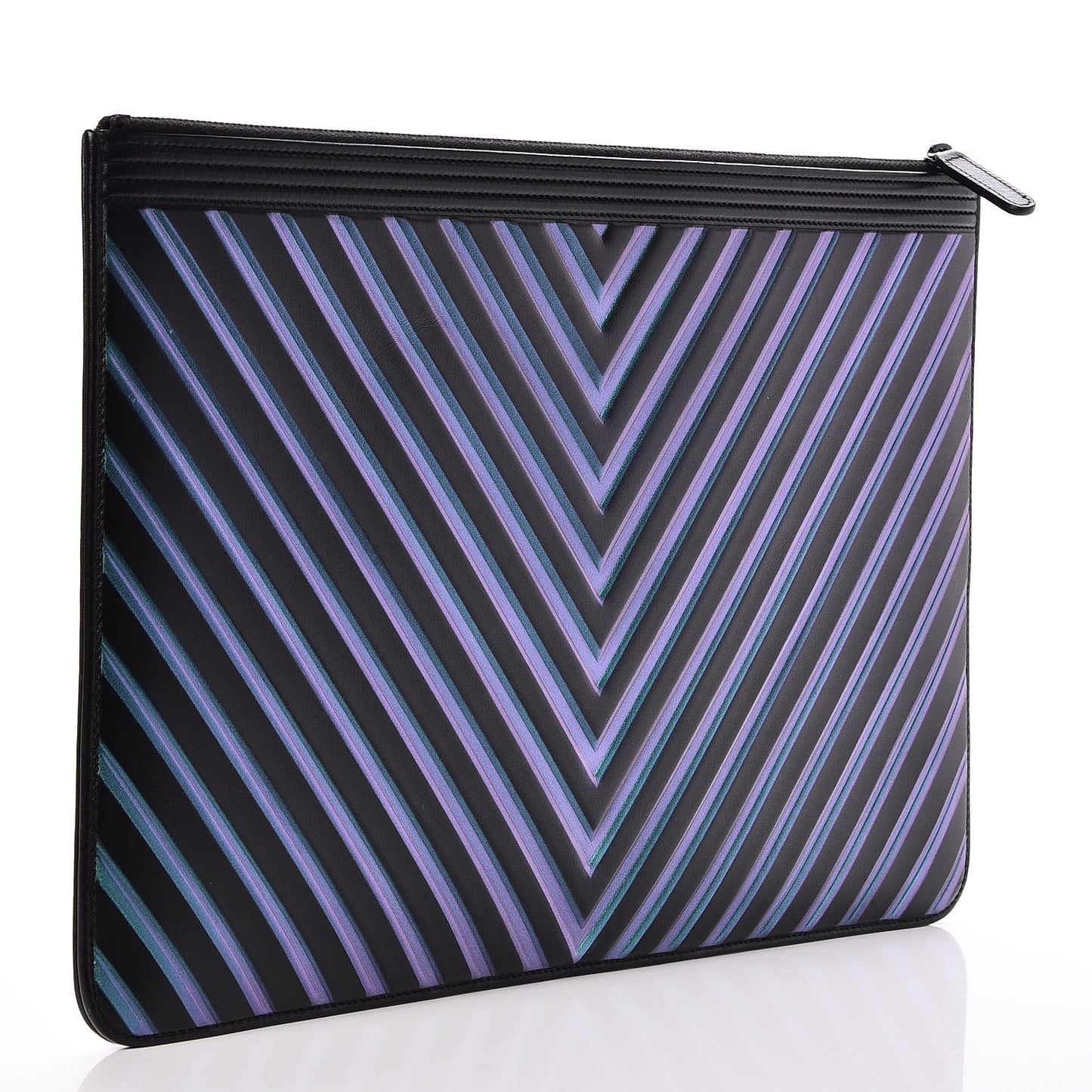 Calfskin Painted Chevron Embossed Boy Zip Pouch Black