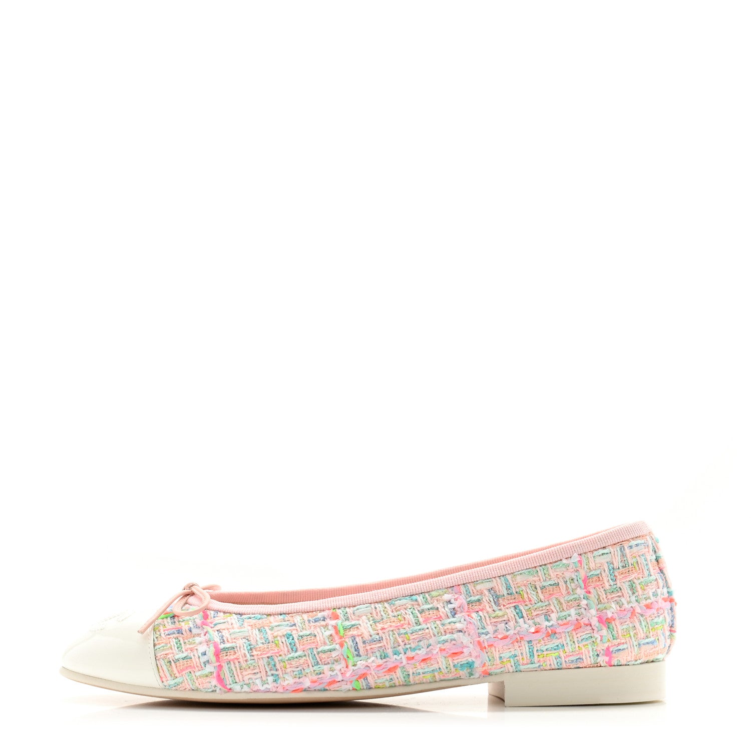 Chanel Cotton Tweed Patent Calfskin Cap Toe Ballerina Flats 36.5 Light Pink Multicolor White 1 of 12