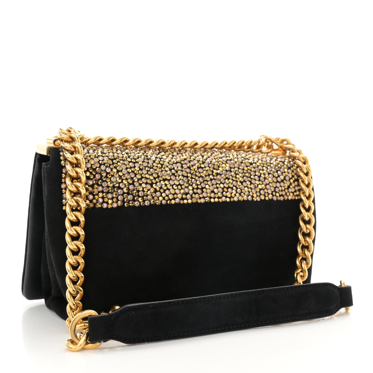 Versace Suede Palazzo Crystal Chain Evening Bag Gold Black 2 of 10