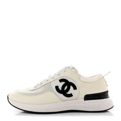 Chanel Calfskin Mesh Lycra Suede Womens Logo Sneakers 38 White Black 1 of 9