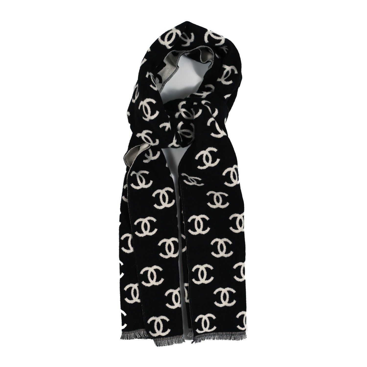 Chanel Wool Cashmere CC Scarf Black White 1 of 4