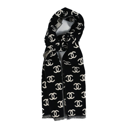 Chanel Wool Cashmere CC Scarf Black White 1 of 4