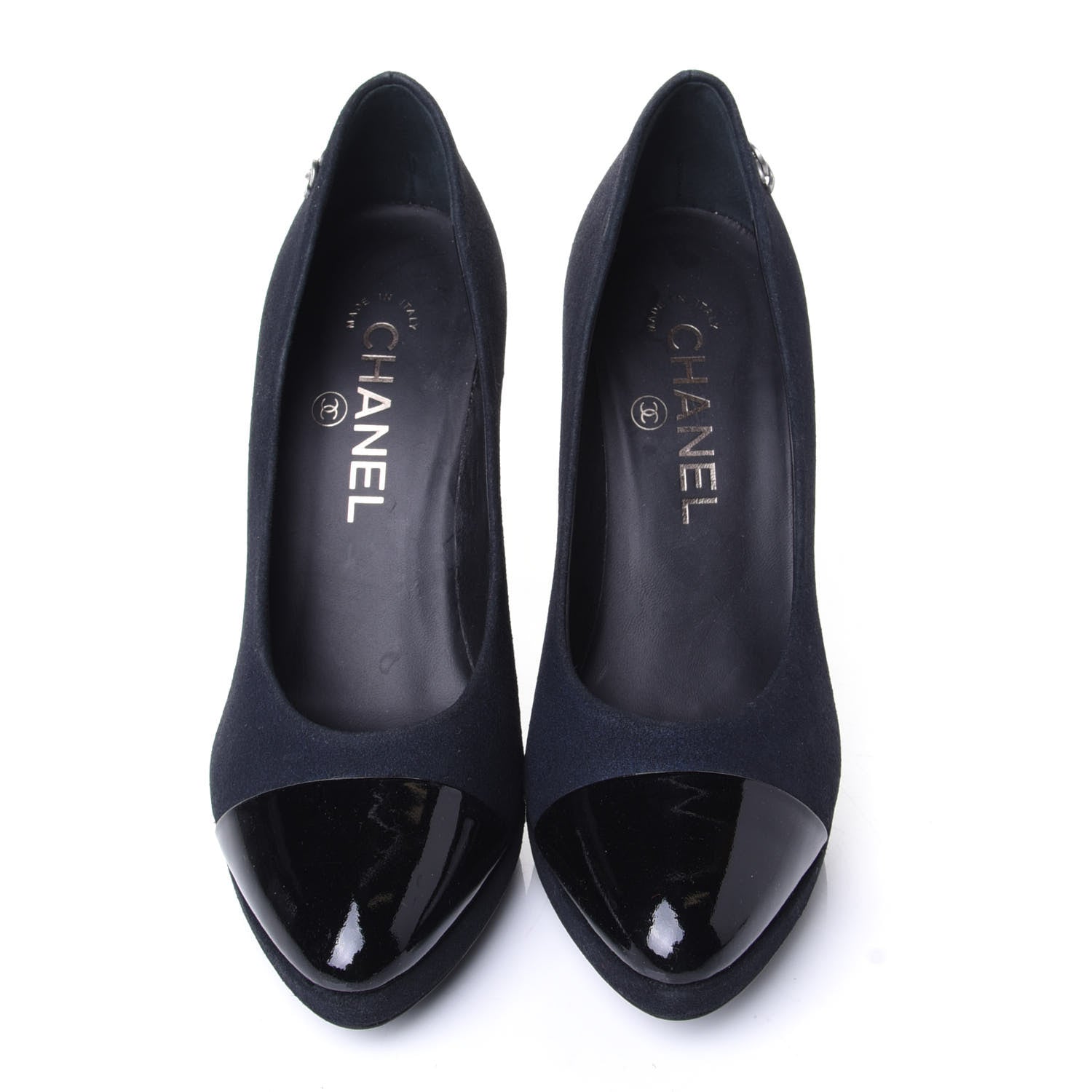 Chanel Suede Patent Calfskin Cap Toe CC Pumps 36.5 Navy 5 of 10