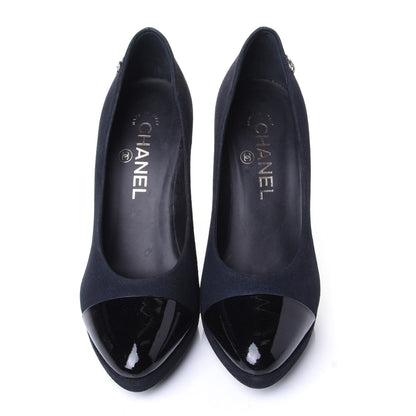 Chanel Suede Patent Calfskin Cap Toe CC Pumps 36.5 Navy 5 of 10
