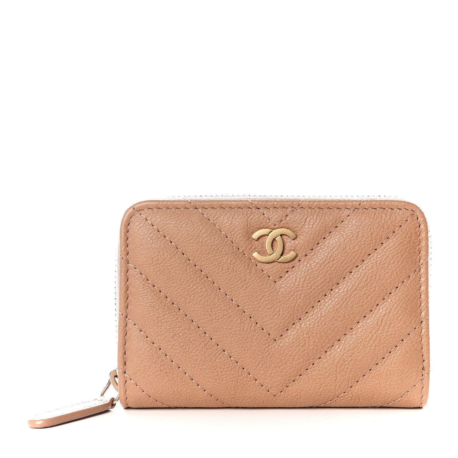 Chanel Glazed Lambskin Chevron Quilted Zip Around Coin Purse Beige 1 of 10