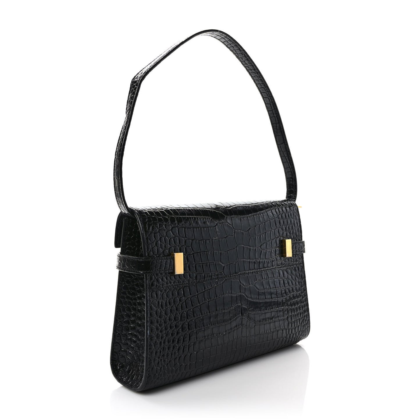 Shiny Calfskin Crocodile Embossed Manhattan Baguette Black