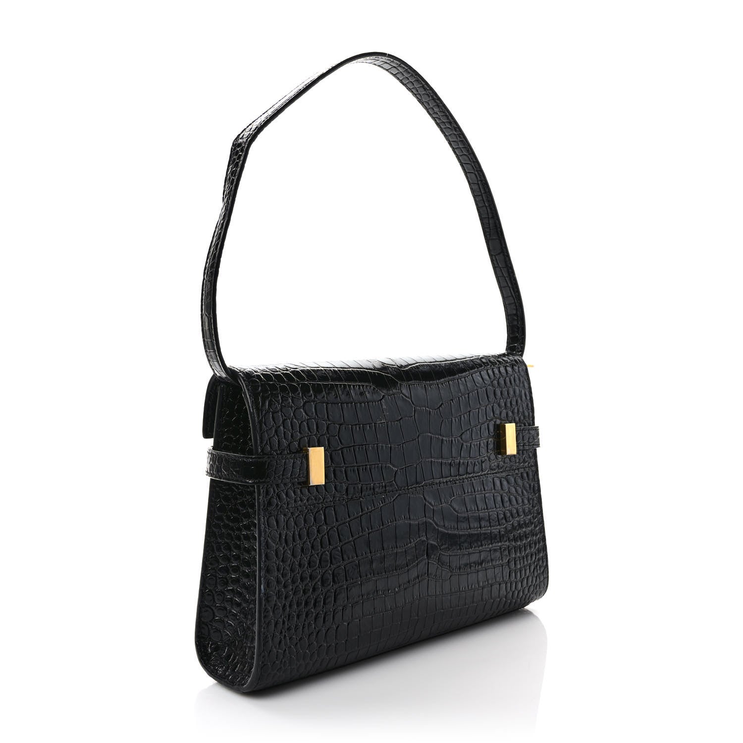 Saint Laurent Shiny Calfskin Crocodile Embossed Manhattan Baguette Black 3 of 8