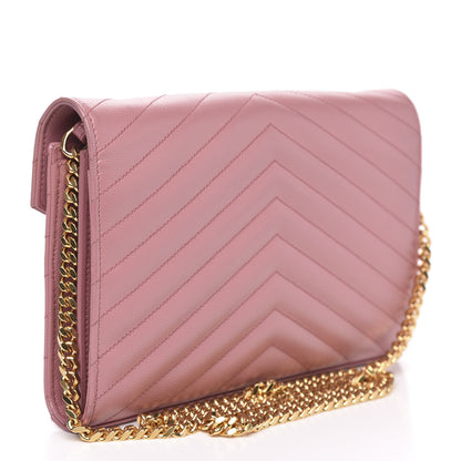 Saint Laurent Grain De Poudre Matelasse Chevron Monogram Chain Wallet Tender Pink 3 of 11