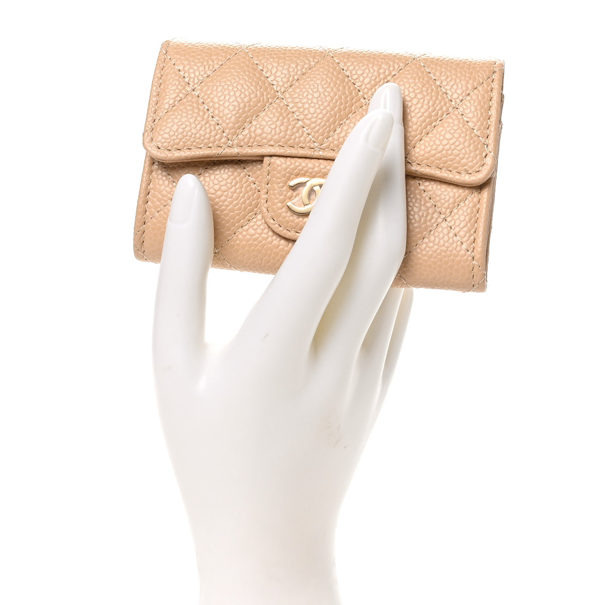 Caviar Quilted Flap Card Holder Wallet Beige