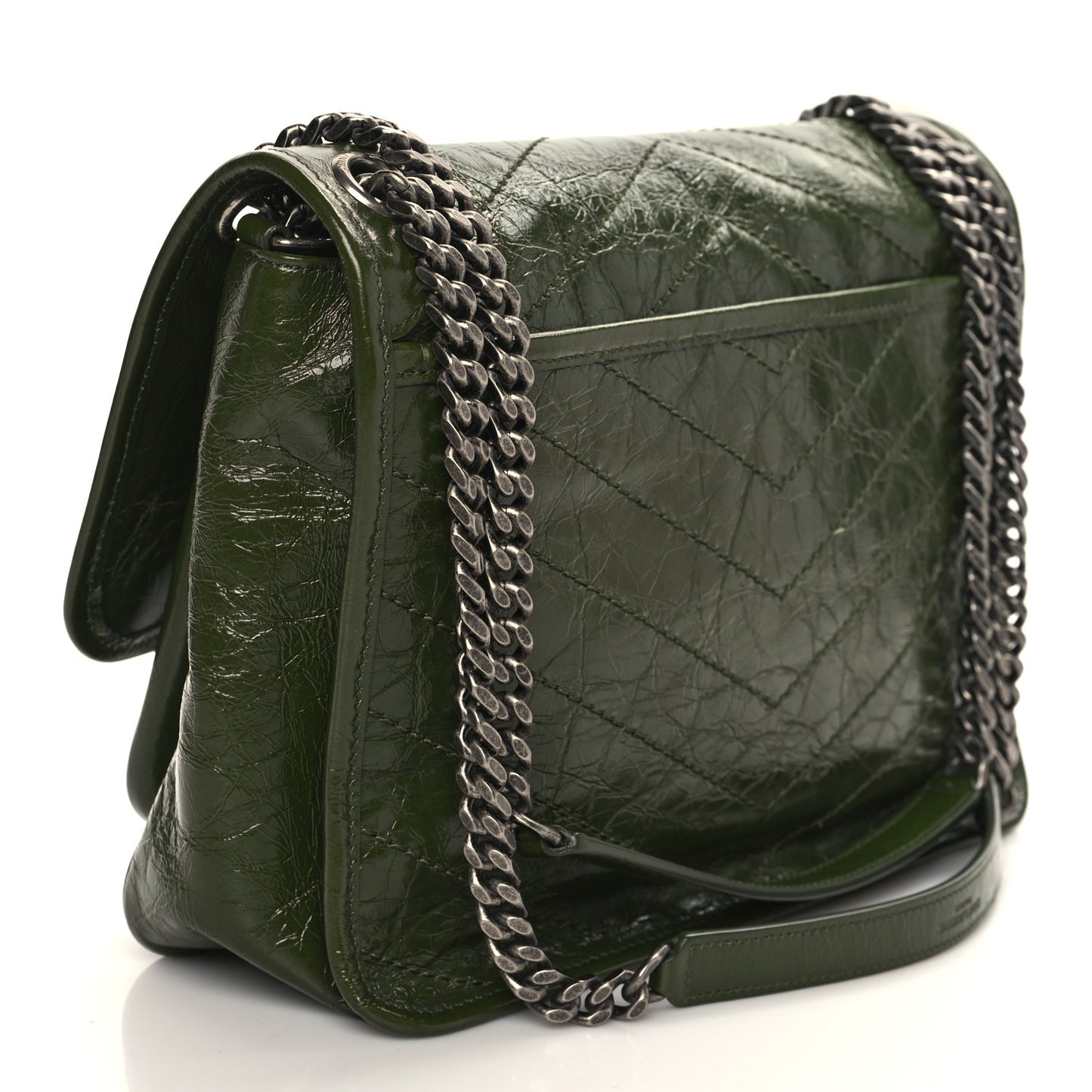 Crinkled Calfskin Matelasse Monogram Medium Niki Chain Satchel Military Olive