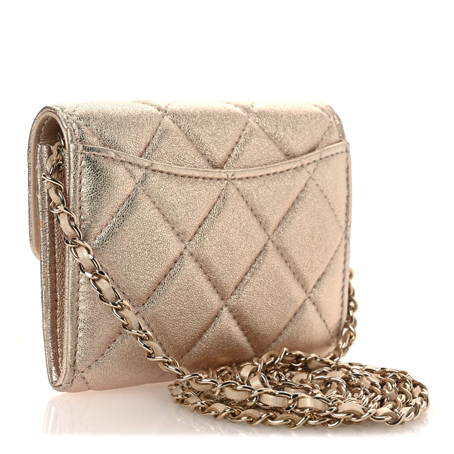Metallic Lambskin Quilted Flap Card Holder On Chain Gold