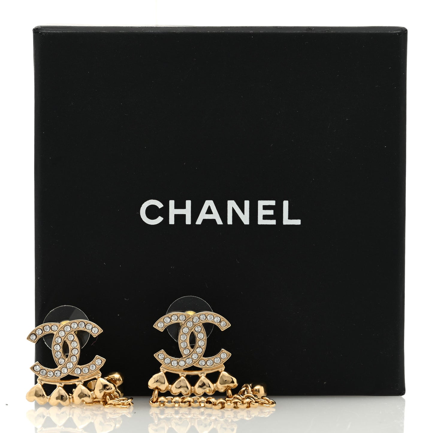 Metal Crystal CC Drop Heart Link Earrings Gold