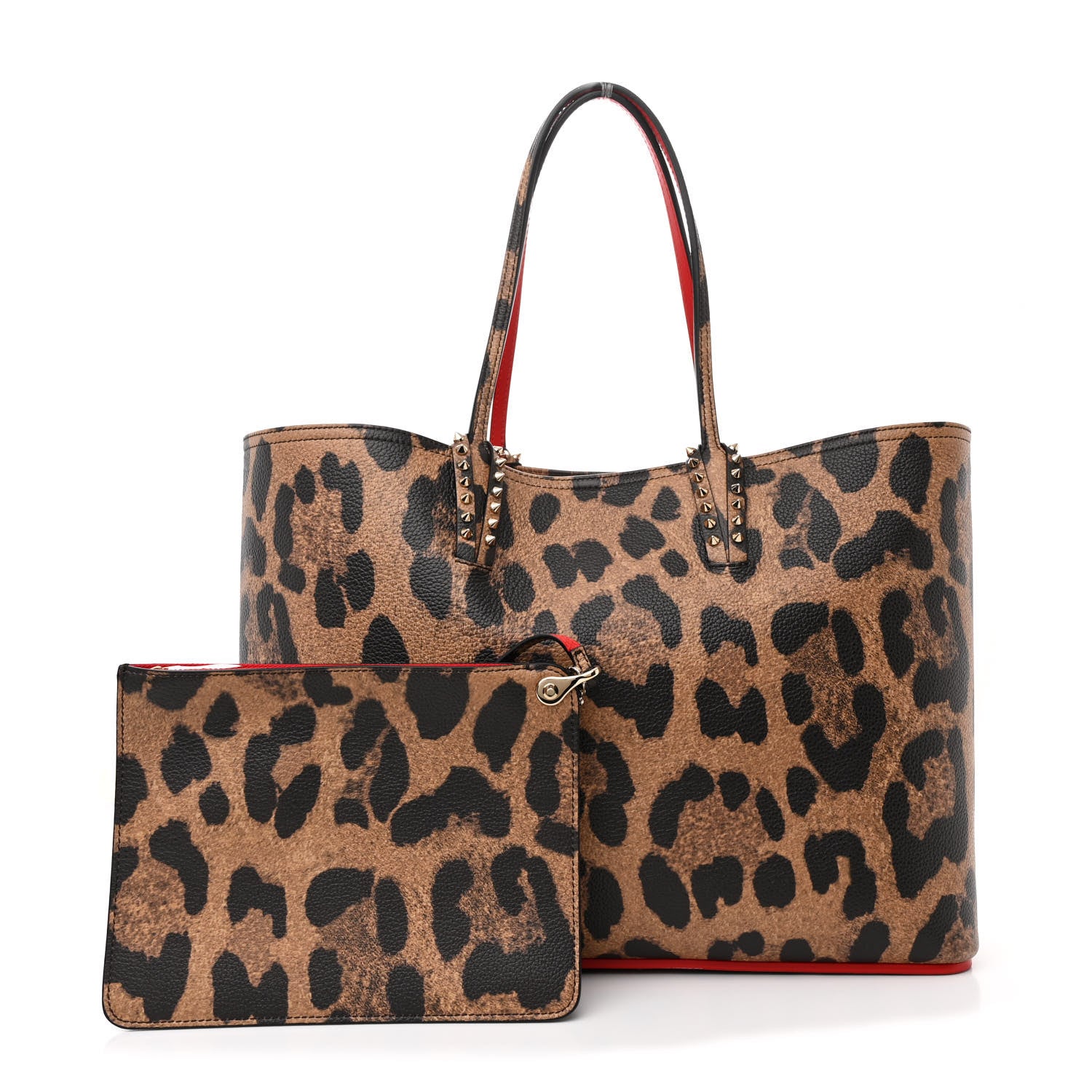 Christian Louboutin Calfskin Leopard Print Spikes East West Cabata Tote Brown 3 of 12