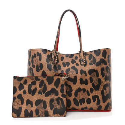Christian Louboutin Calfskin Leopard Print Spikes East West Cabata Tote Brown 3 of 12
