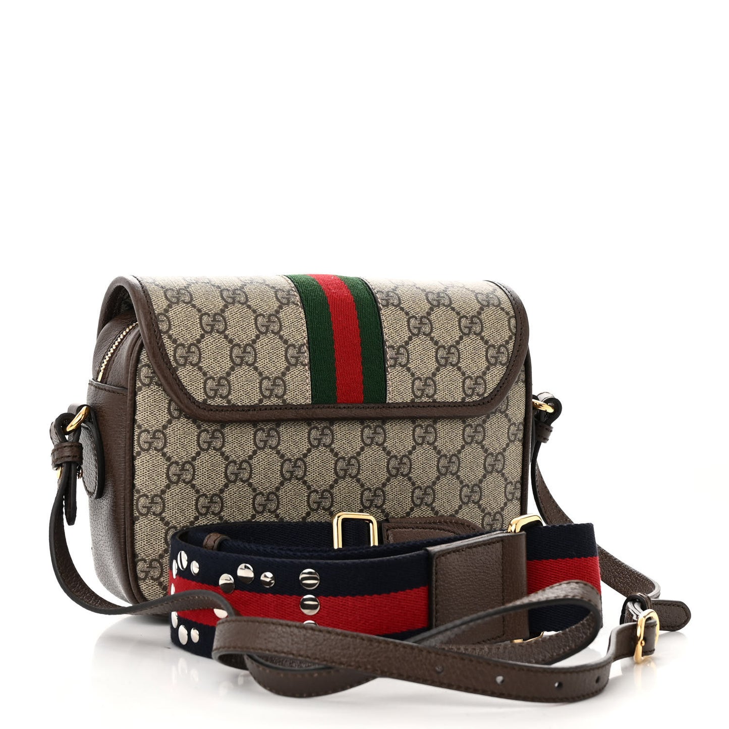 GG Supreme Monogram Textured Dollar Calfskin Web Studded Mini Ophidia Flap Shoulder Bag Beige Ebony New Acero