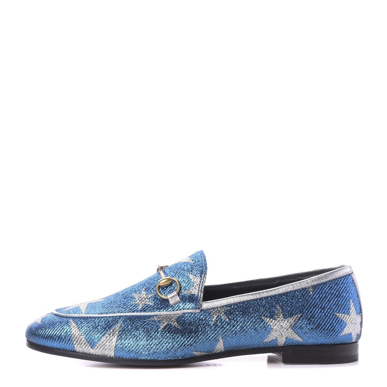 Gucci Lurex Calfskin Starry Sky Womens Jordaan Loafers 38.5 Bluette Silver 1 of 10