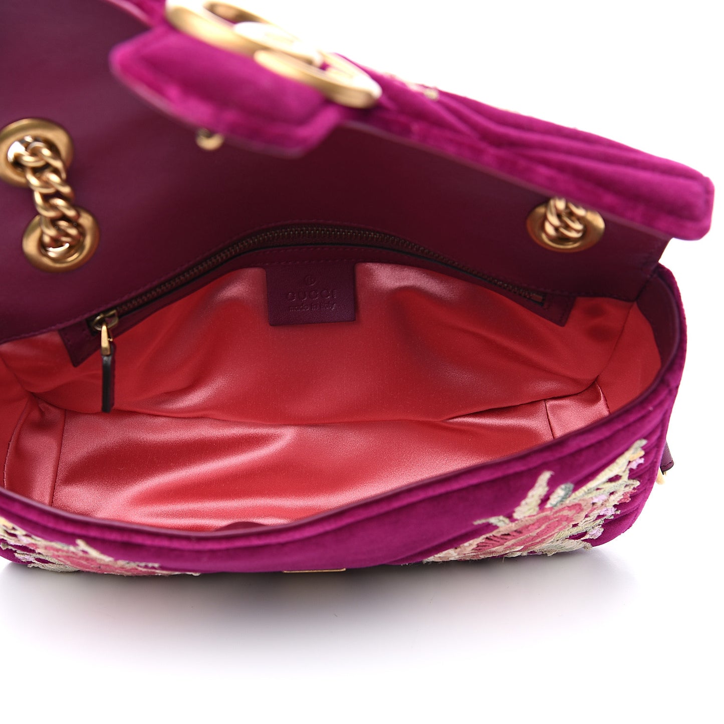 Velvet Matelasse Embroidered Small GG Marmont Shoulder Bag Fuchsia Violet Cyclamen