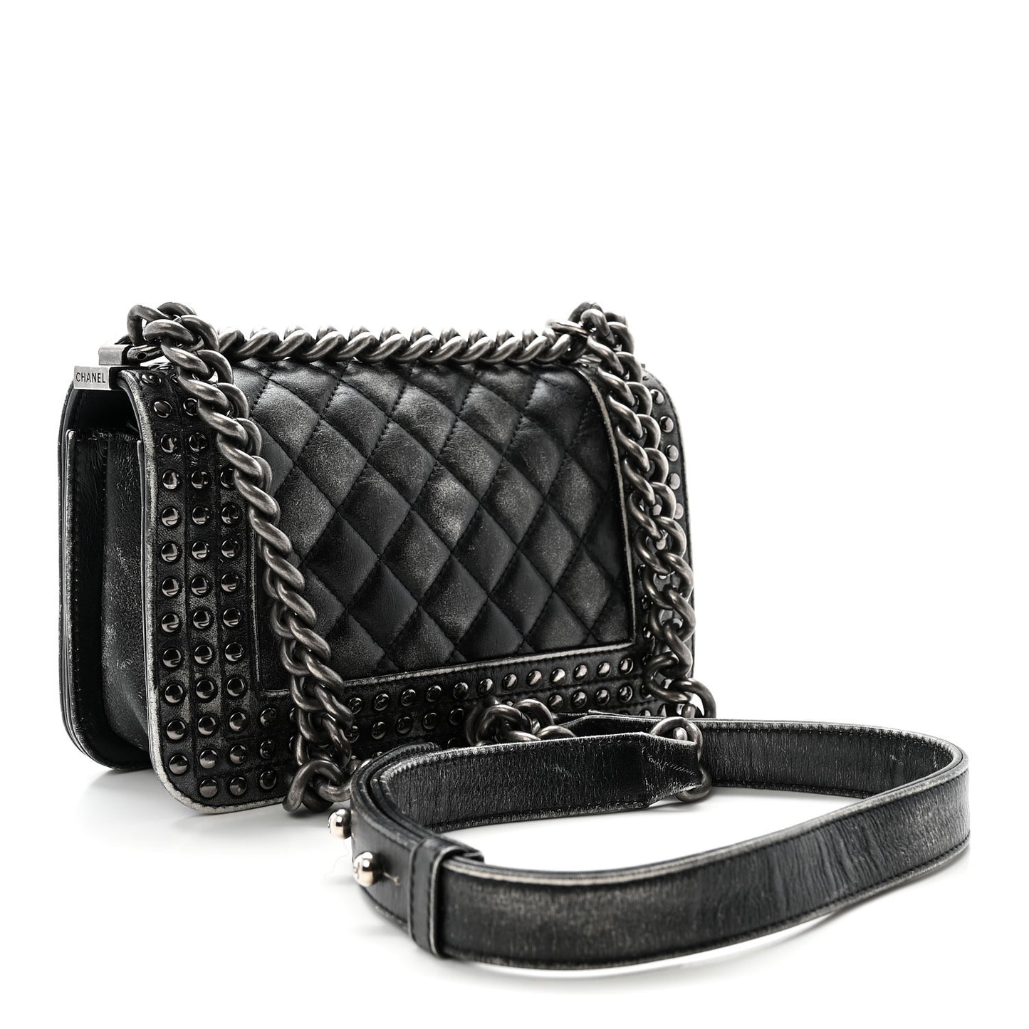 Faded Calfskin Quilted Small Studded Boy Flap Grey