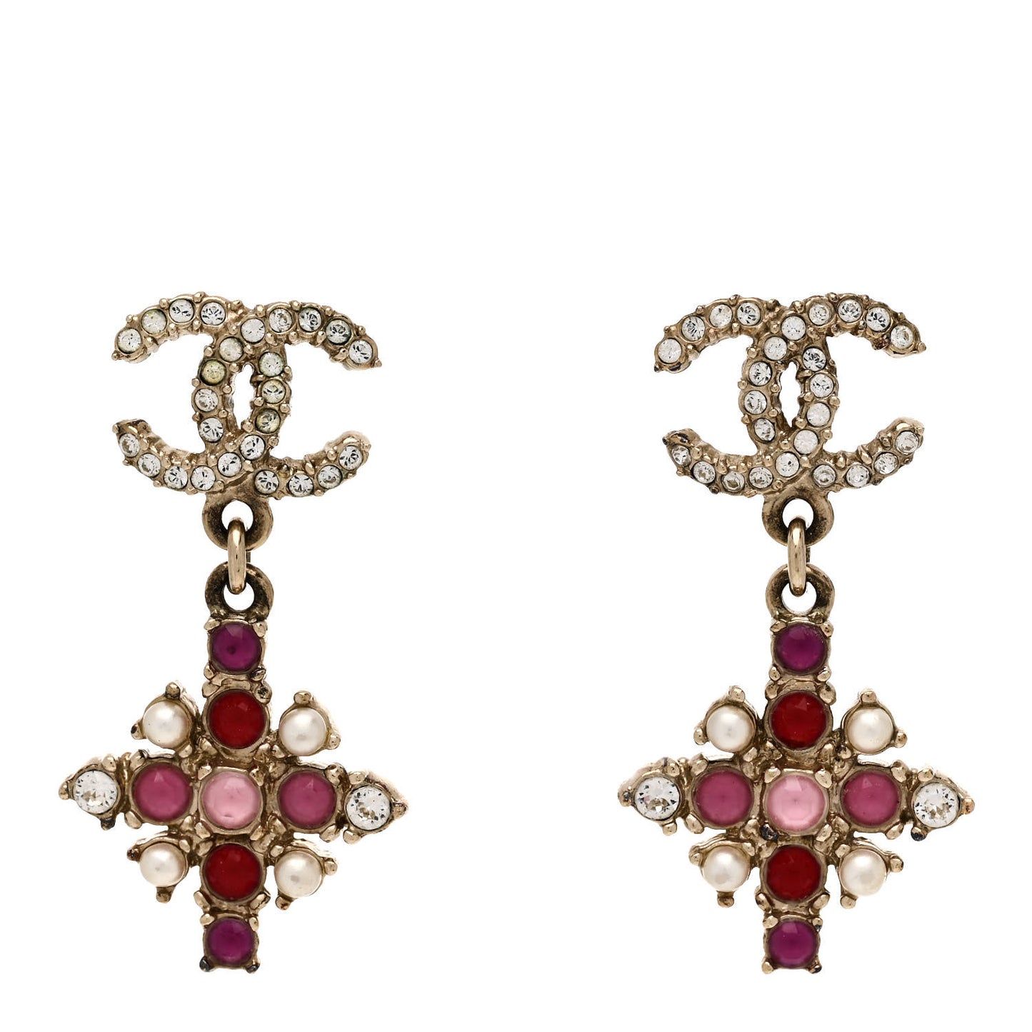 Gripoix Crystal Pearl CC Drop Earrings Gold Pink Multicolor