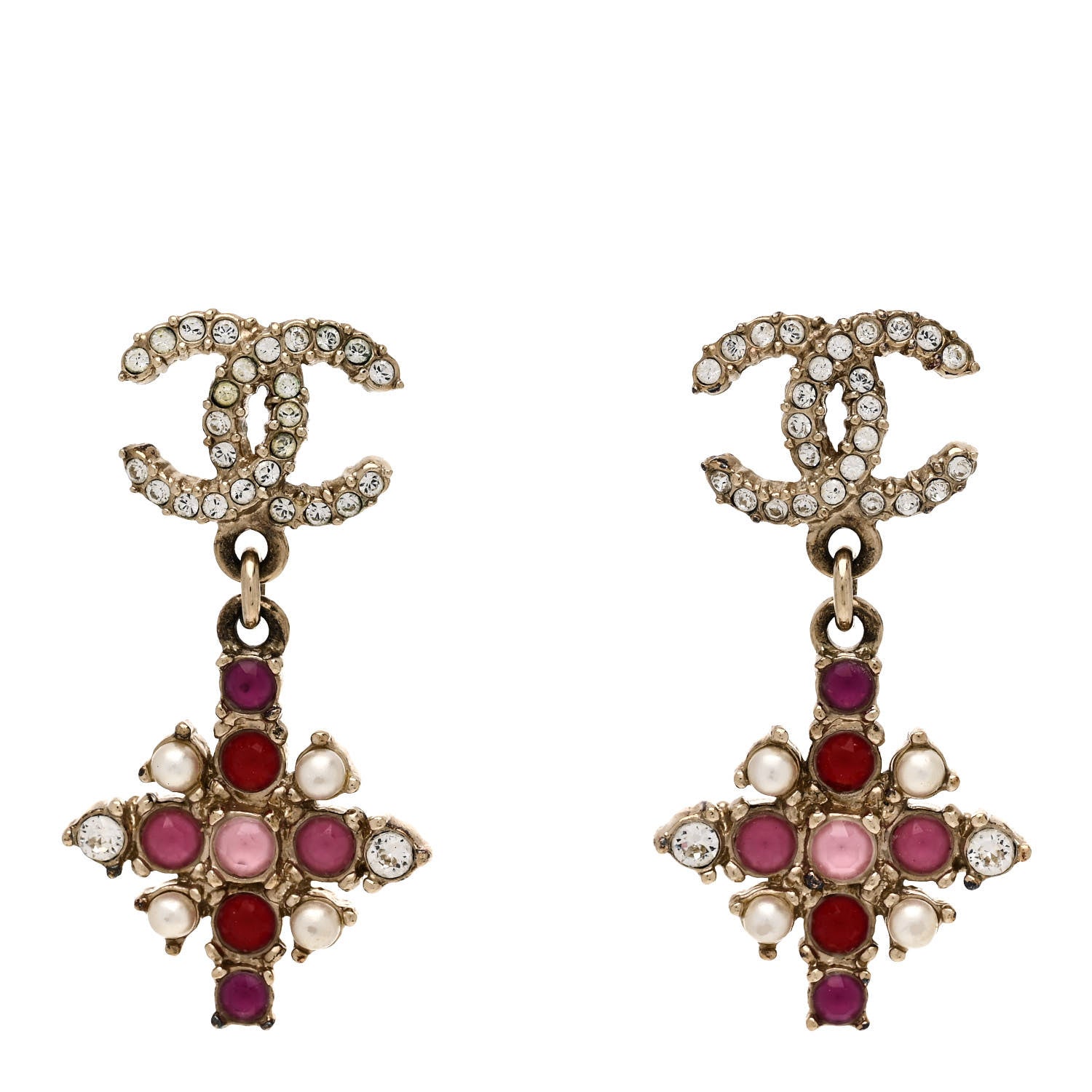 Chanel Gripoix Crystal Pearl CC Drop Earrings Gold Pink Multicolor 1 of 5