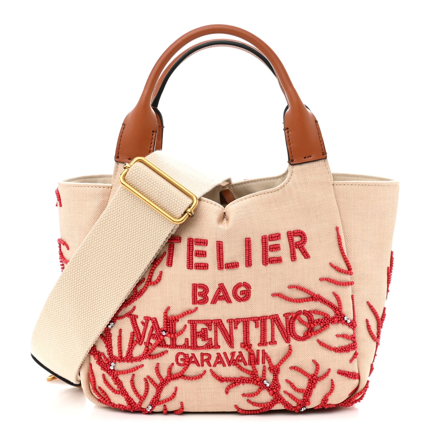 Canvas Beaded Atelier Print Tote Bag Naturale Red