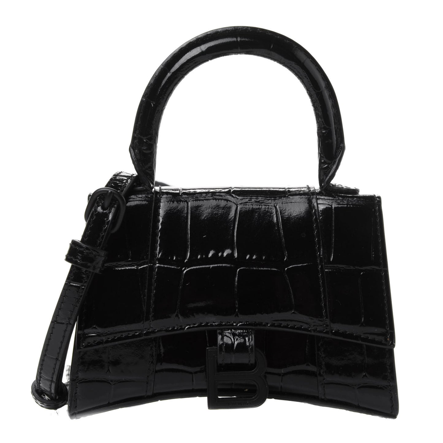 Shiny Calfskin Monochrome Crocodile Embossed Hourglass Top Handle Bag Mini Black