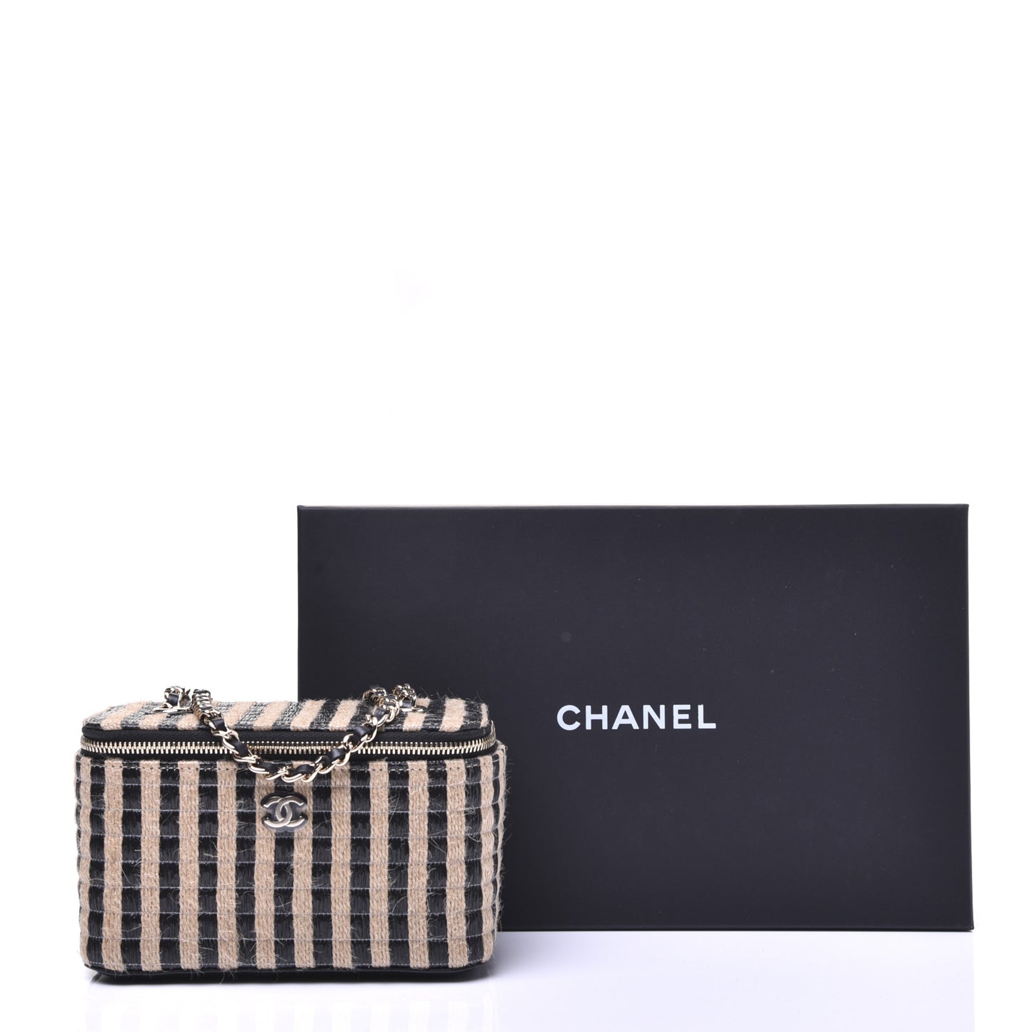 Raffia Jute Striped Small Vanity Case With Chain Black Beige