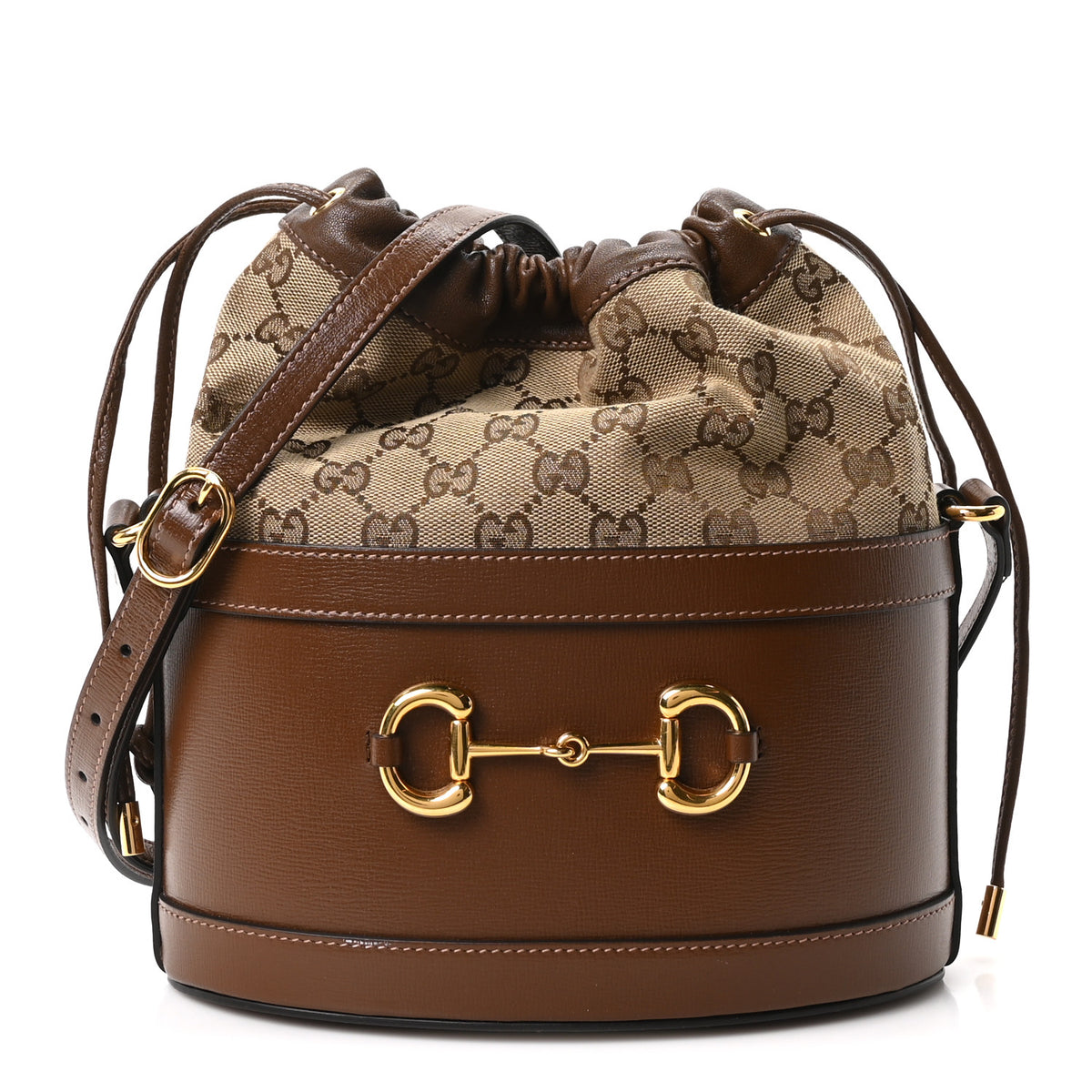 Monogram Textured Calfskin Horsebit 1955 Drawstring Bucket Bag Beige Brown Sugar