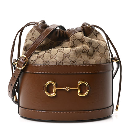 Gucci Monogram Textured Calfskin Horsebit 1955 Drawstring Bucket Bag Beige Brown Sugar 1 of 10