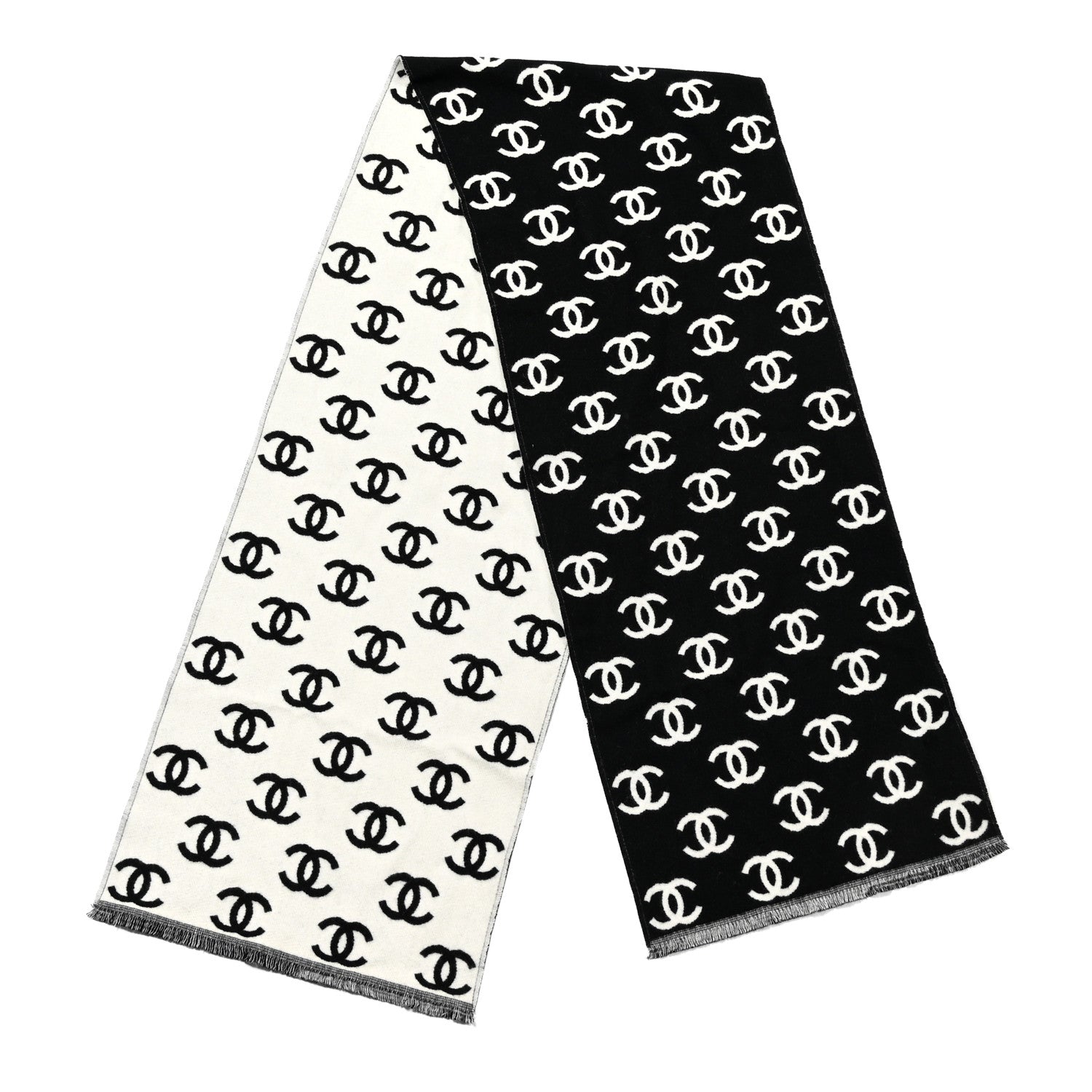 Chanel Wool Cashmere CC Scarf Black White 2 of 3
