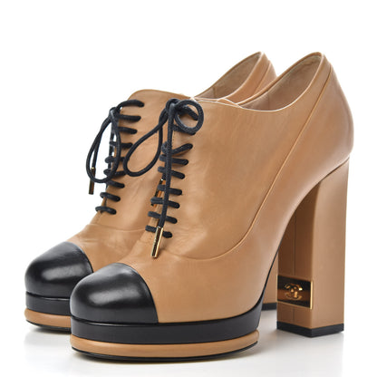 Chanel Lambskin Cap Toe Lace Up Booties 37 Beige Black 3 of 11