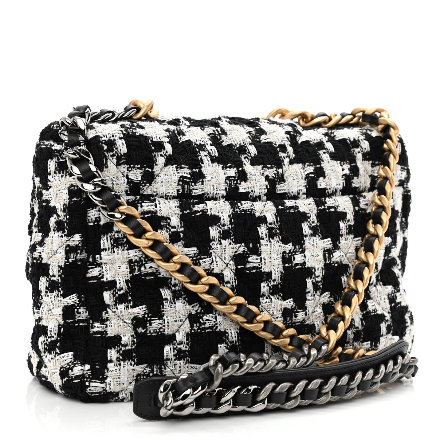 Tweed Quilted Large Chanel 19 Flap Black Ecru White