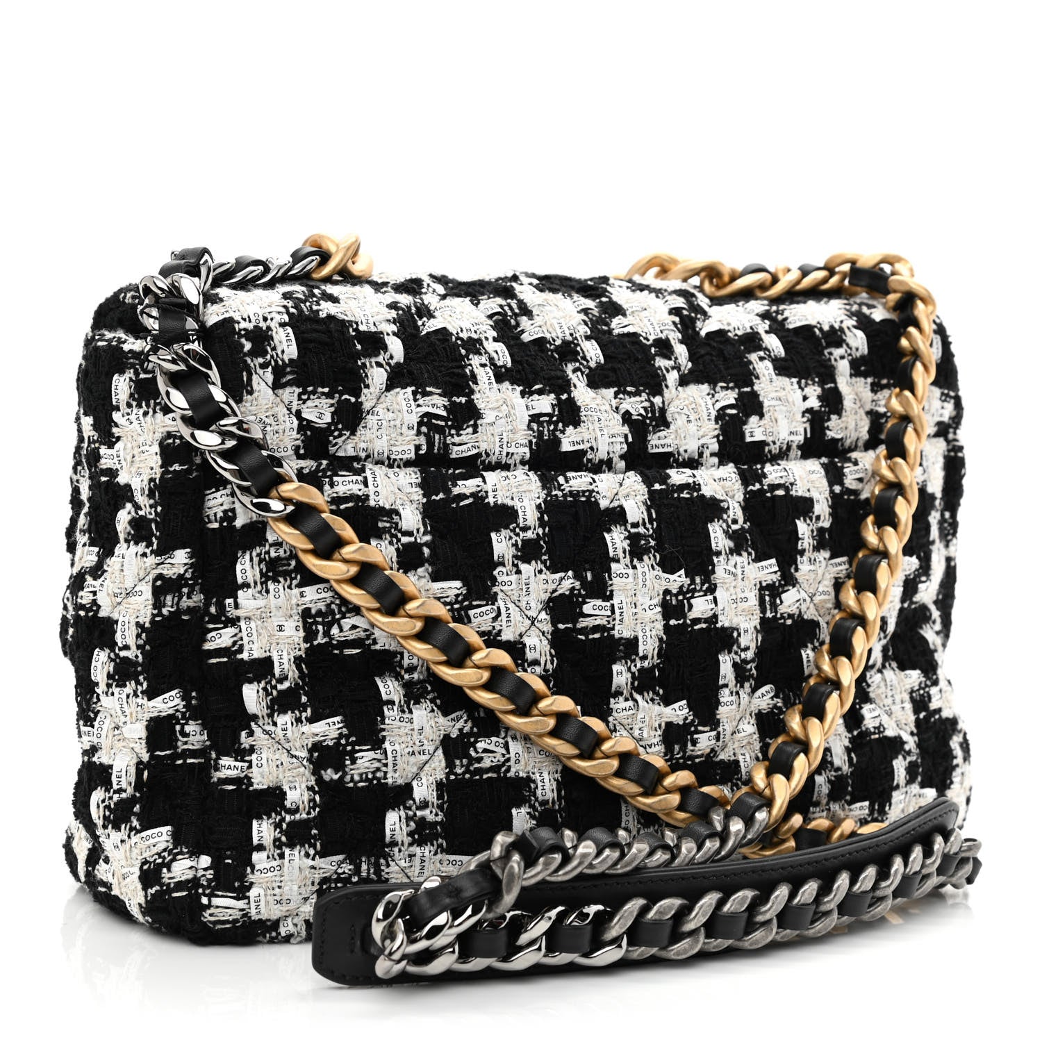 Chanel Tweed Quilted Large Chanel 19 Flap Black Ecru White 3 of 10