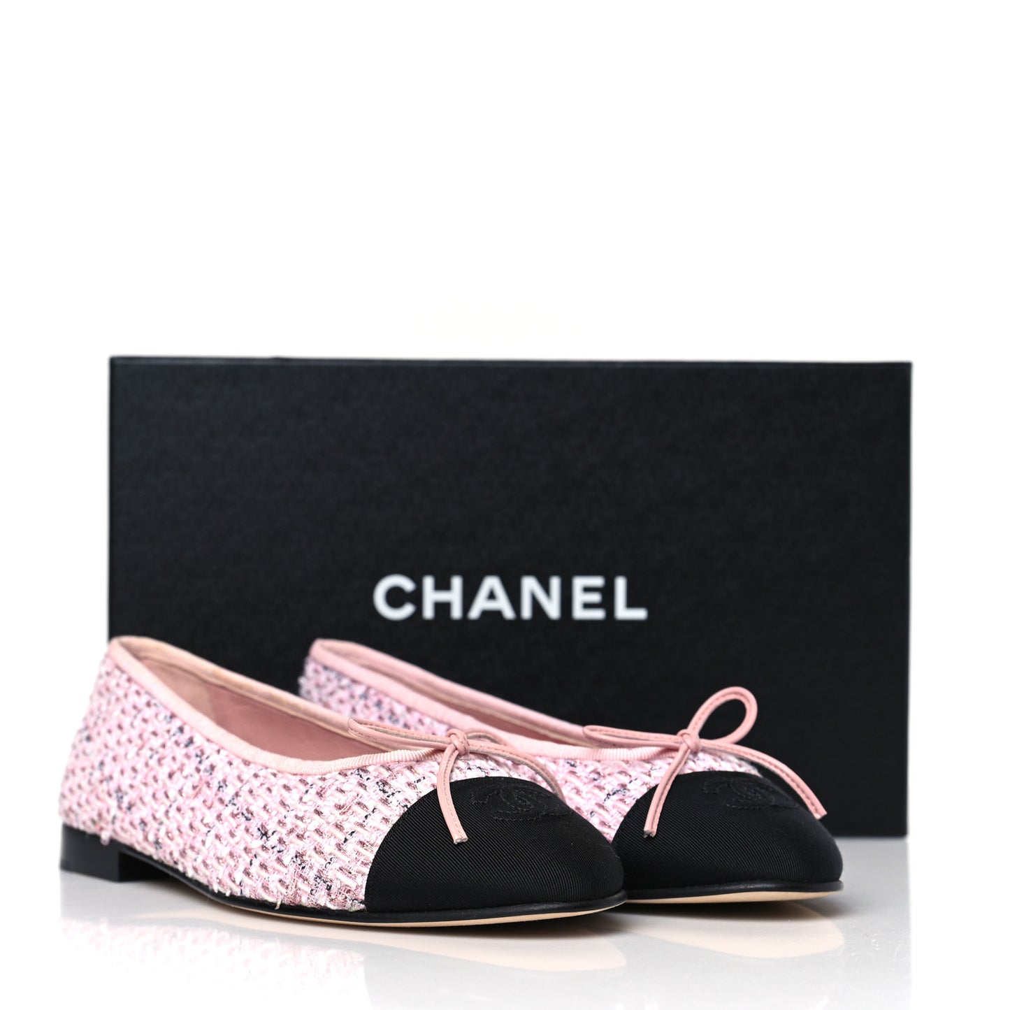 Tweed Grosgrain Cap Toe Ballerina Flats 37 Pink Black