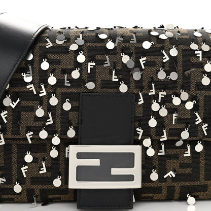 Fendi Fabric Jacquard F Paillettes Vitello Cover FF 1974 Embroidered Baguette Tobacco Moro Argento 7 of 9