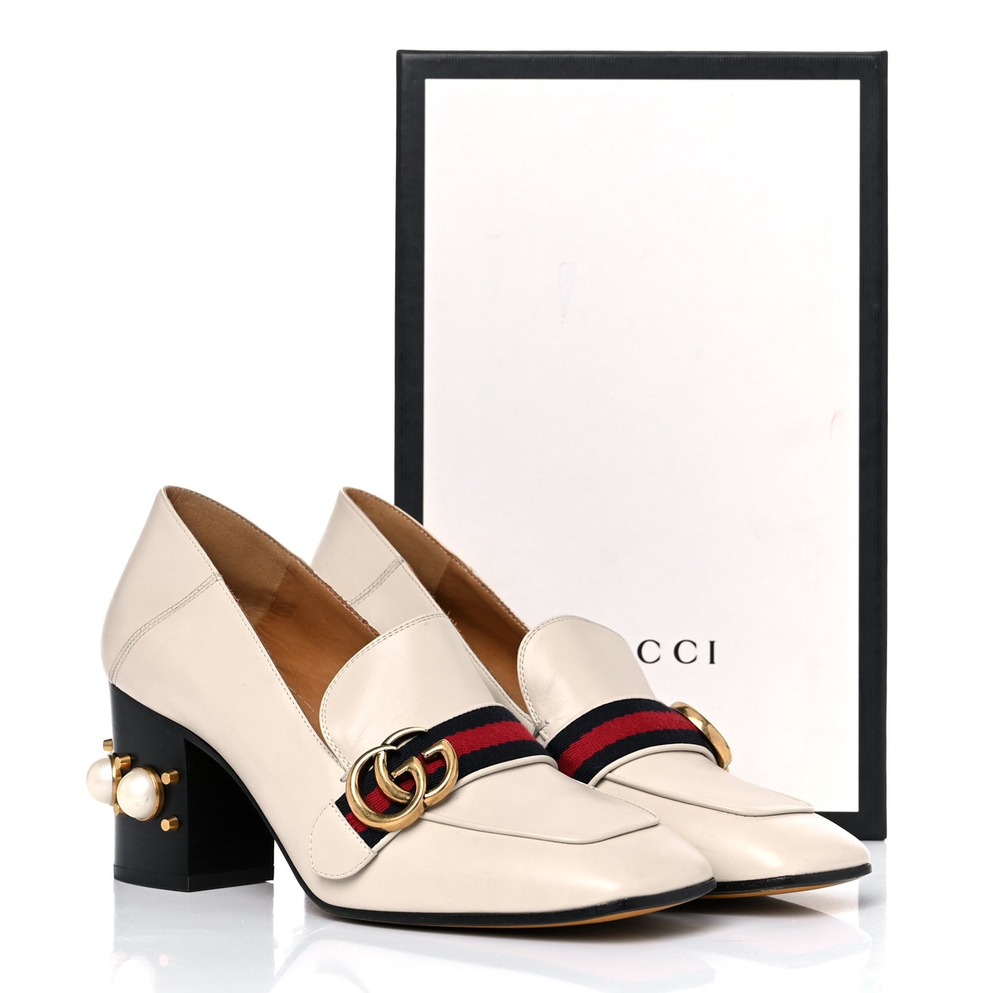 Betis Glamour Calfskin Web Pearl Embellished Peyton 75mm Loafer Pumps 39.5 Mystic White