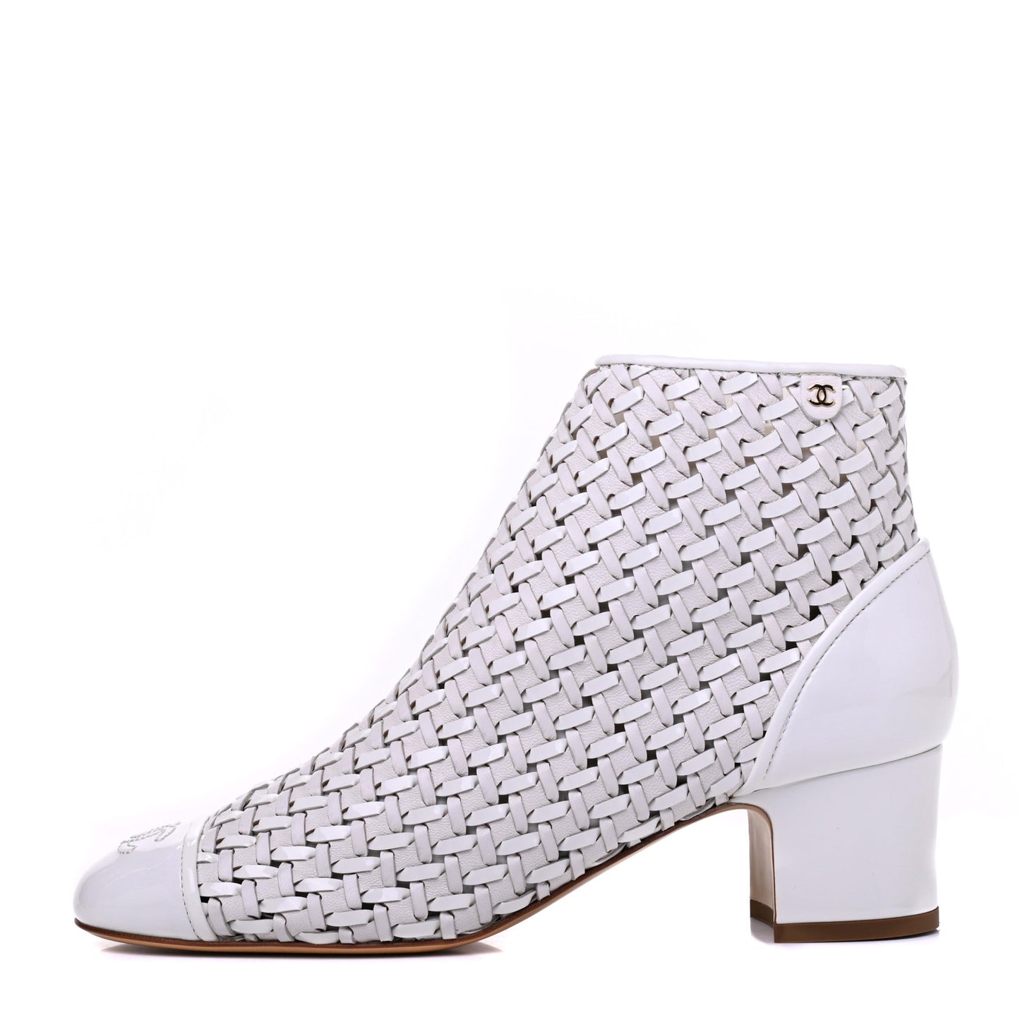 Woven Lambskin Patent Calfskin Cap Toe Short Boots 40 White