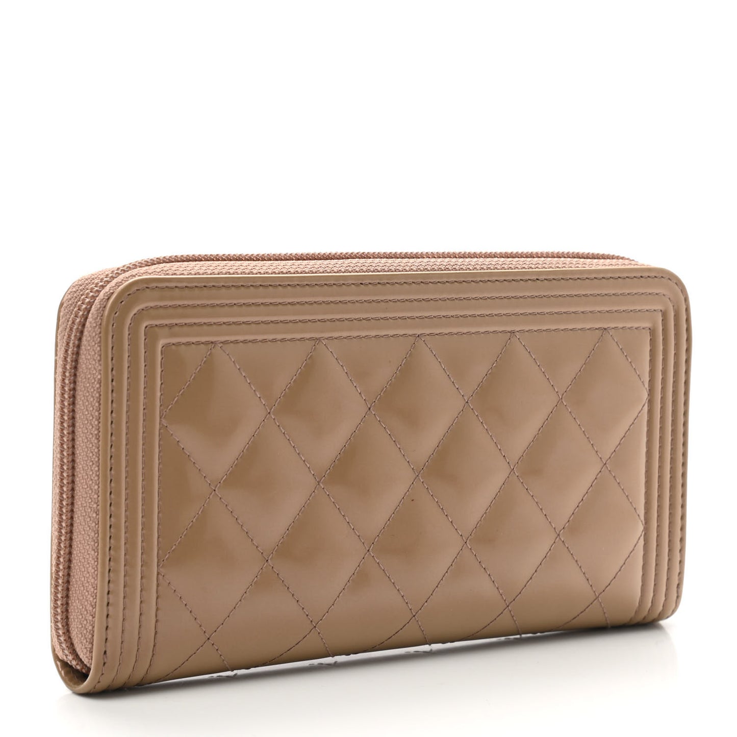 Patent Calfskin Quilted Boy L-Gusset Zip Wallet Dark Beige